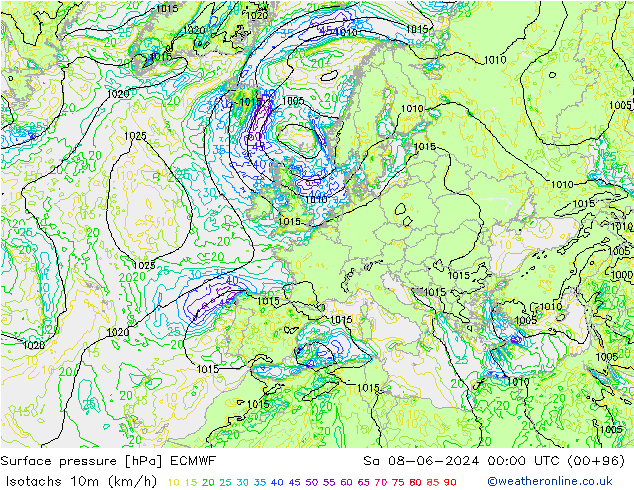 Isotachen (km/h) ECMWF za 08.06.2024 00 UTC