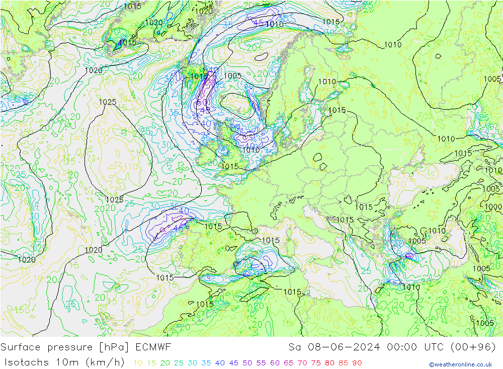 Isotachs (kph) ECMWF Sáb 08.06.2024 00 UTC