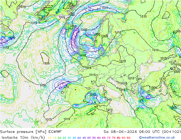 Isotaca (kph) ECMWF sáb 08.06.2024 06 UTC