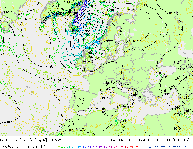 Isotachen (mph) ECMWF Di 04.06.2024 06 UTC