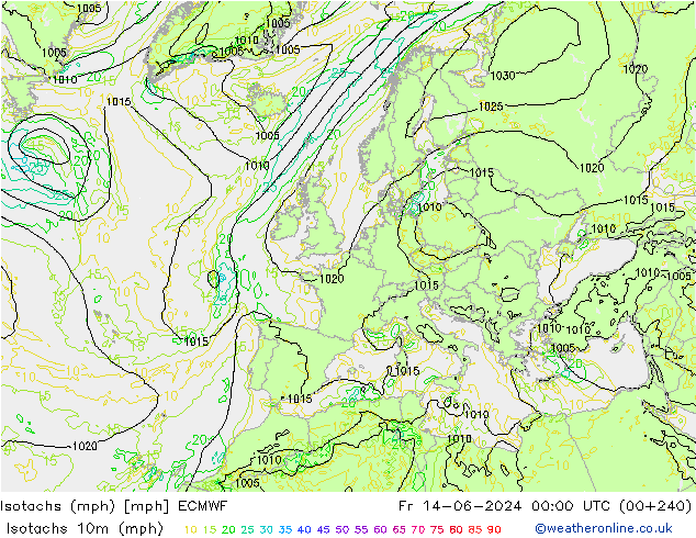 Isotachs (mph) ECMWF Fr 14.06.2024 00 UTC