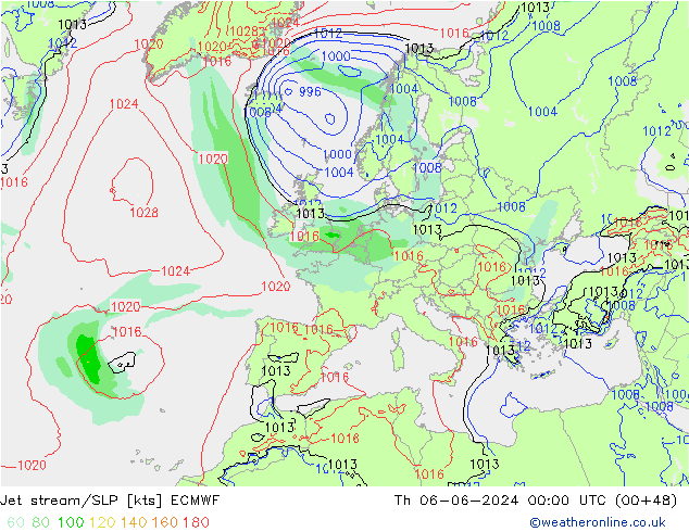 Jet stream/SLP ECMWF Th 06.06.2024 00 UTC