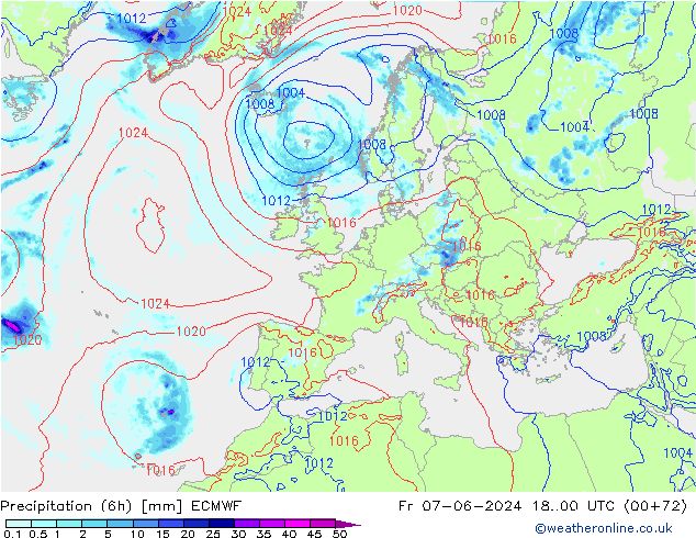 Precipitation (6h) ECMWF Pá 07.06.2024 00 UTC