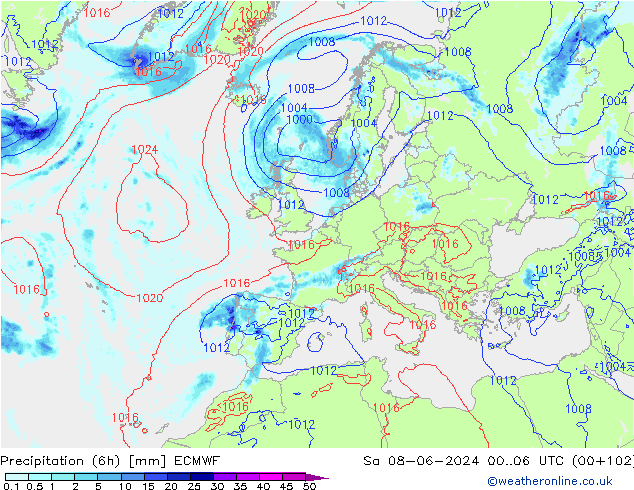 Z500/Rain (+SLP)/Z850 ECMWF sáb 08.06.2024 06 UTC