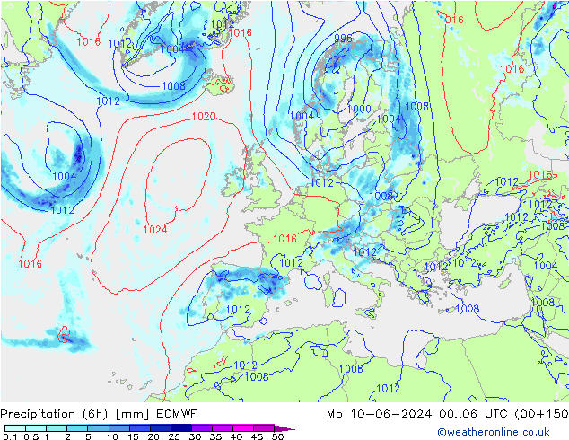 Totale neerslag (6h) ECMWF ma 10.06.2024 06 UTC