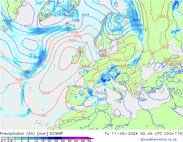 Precipitation (6h) ECMWF Tu 11.06.2024 06 UTC