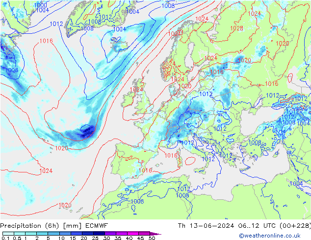 Z500/Rain (+SLP)/Z850 ECMWF Th 13.06.2024 12 UTC