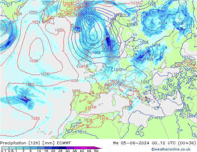 Precipitation (12h) ECMWF We 05.06.2024 12 UTC