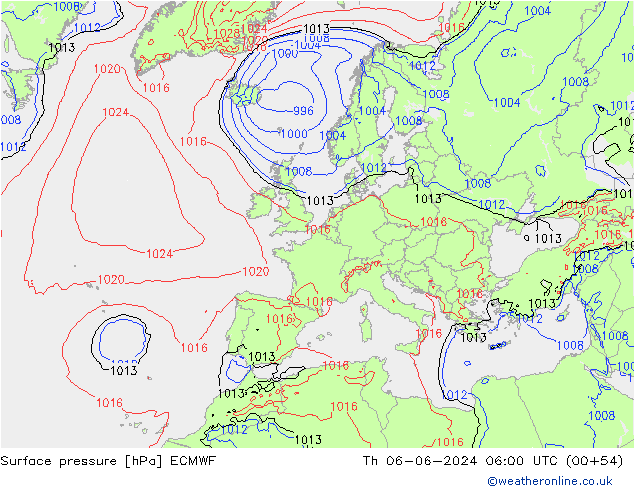 Atmosférický tlak ECMWF Čt 06.06.2024 06 UTC