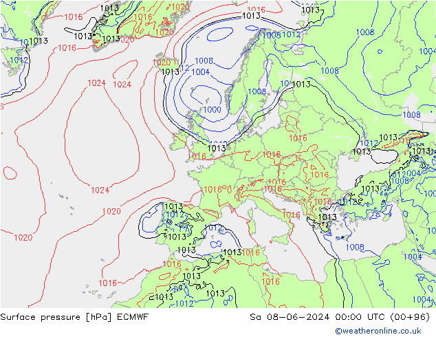 Surface pressure ECMWF Sa 08.06.2024 00 UTC