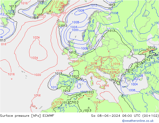 Presión superficial ECMWF sáb 08.06.2024 06 UTC