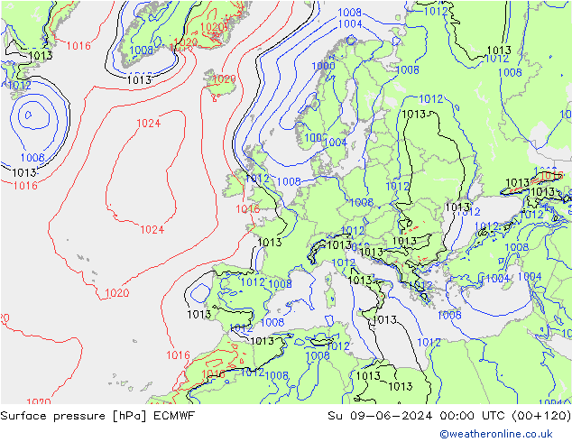 Pressione al suolo ECMWF dom 09.06.2024 00 UTC