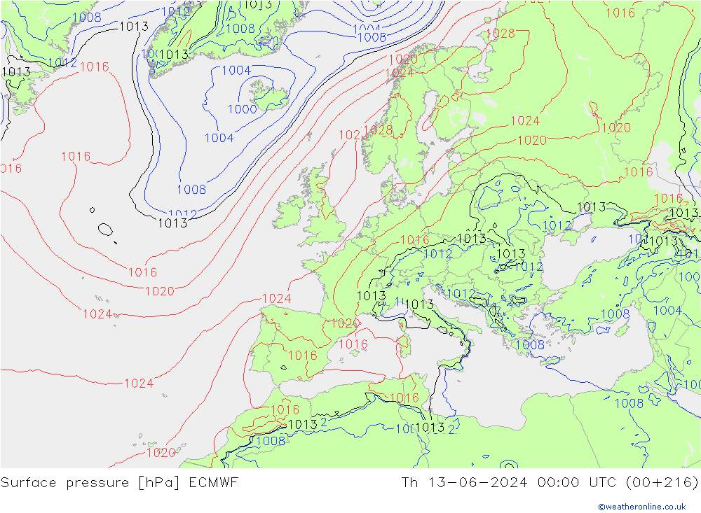 Surface pressure ECMWF Th 13.06.2024 00 UTC