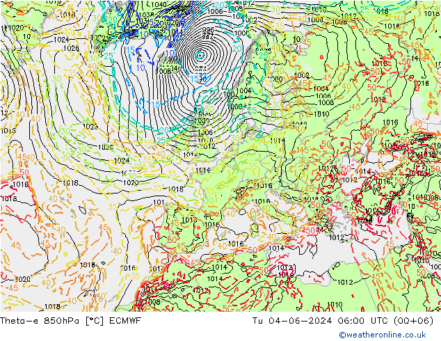 Theta-e 850hPa ECMWF  04.06.2024 06 UTC