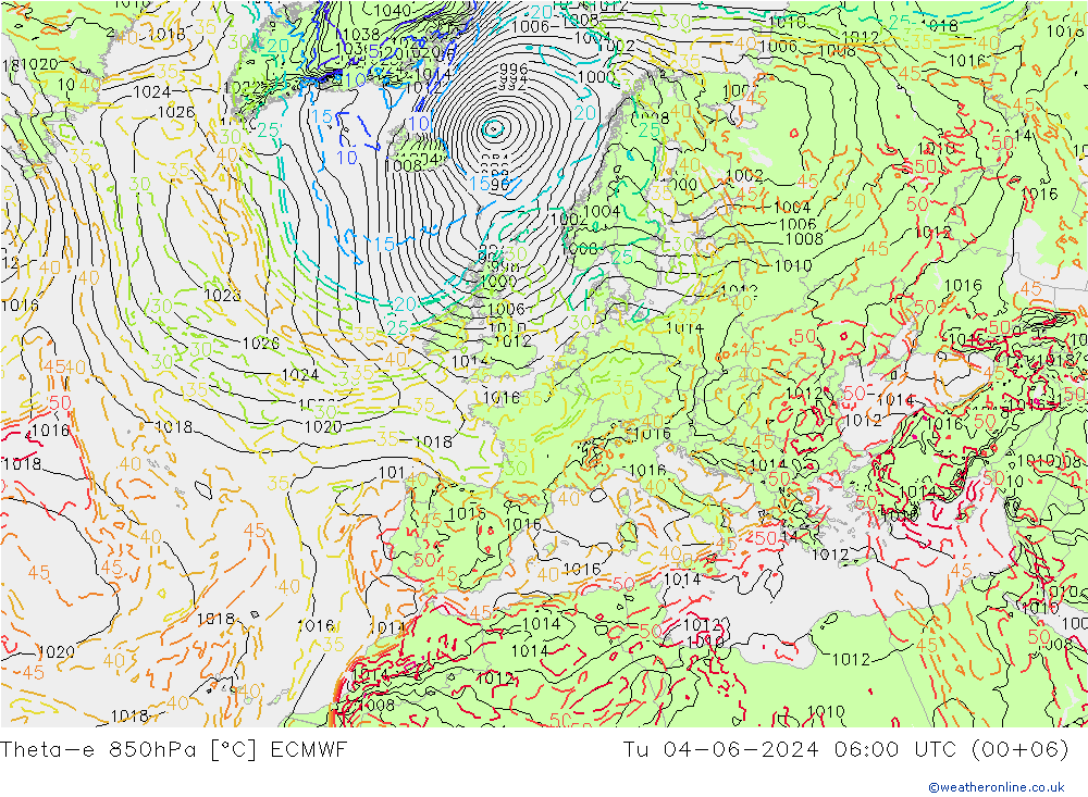 Theta-e 850hPa ECMWF Tu 04.06.2024 06 UTC