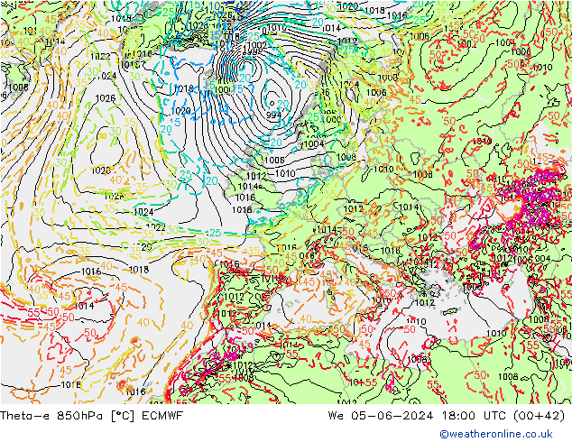 Theta-e 850hPa ECMWF śro. 05.06.2024 18 UTC