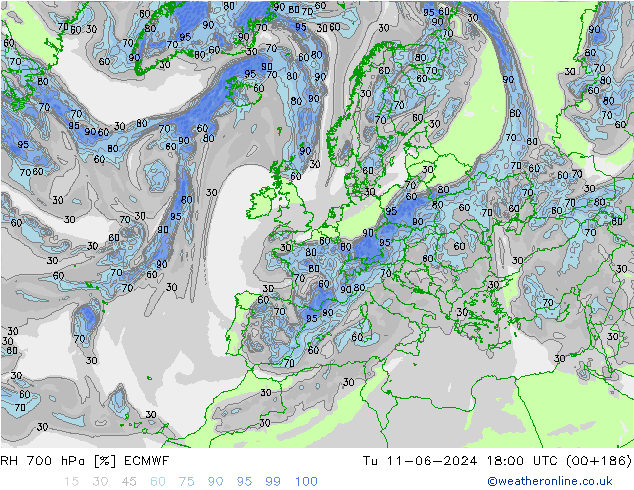 Humedad rel. 700hPa ECMWF mar 11.06.2024 18 UTC