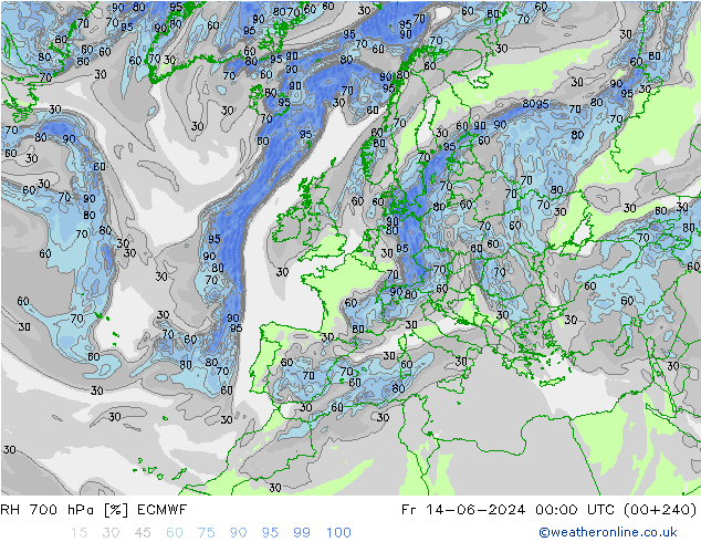 RH 700 hPa ECMWF Sex 14.06.2024 00 UTC