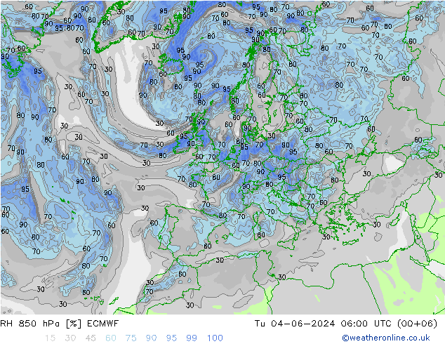 RH 850 hPa ECMWF Tu 04.06.2024 06 UTC