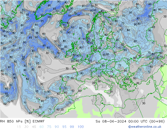 RH 850 hPa ECMWF Sa 08.06.2024 00 UTC