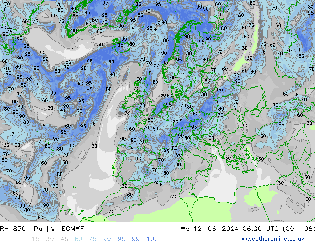 Humidité rel. 850 hPa ECMWF mer 12.06.2024 06 UTC