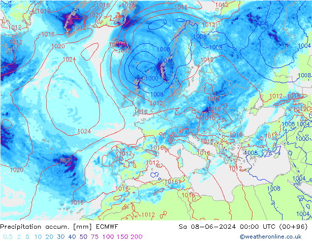 Precipitation accum. ECMWF Sáb 08.06.2024 00 UTC