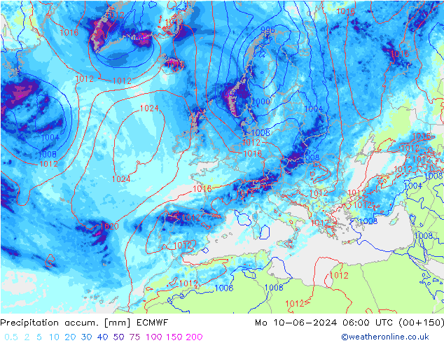 Totale neerslag ECMWF ma 10.06.2024 06 UTC