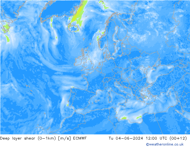 Deep layer shear (0-1km) ECMWF Di 04.06.2024 12 UTC