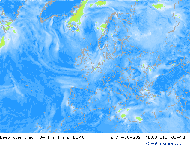 Deep layer shear (0-1km) ECMWF  04.06.2024 18 UTC