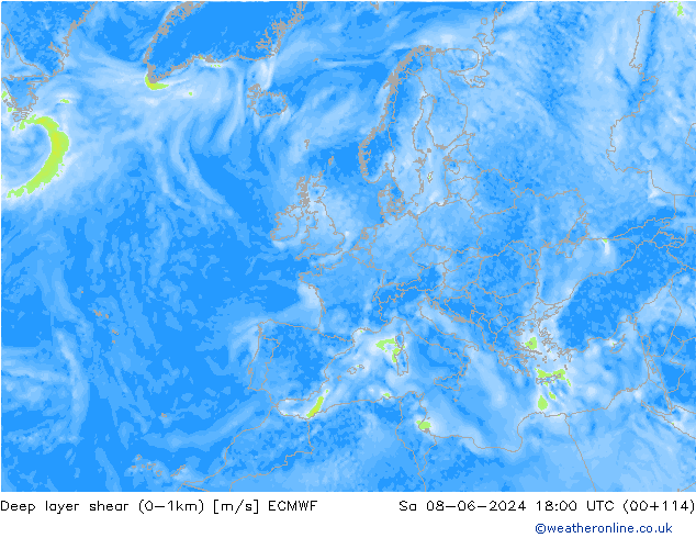 Deep layer shear (0-1km) ECMWF Cts 08.06.2024 18 UTC