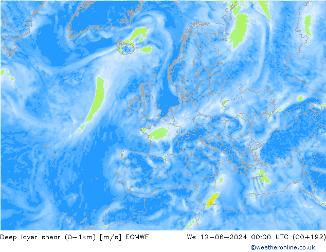 Deep layer shear (0-1km) ECMWF We 12.06.2024 00 UTC