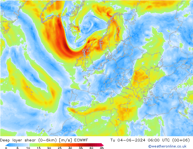 Deep layer shear (0-6km) ECMWF mar 04.06.2024 06 UTC