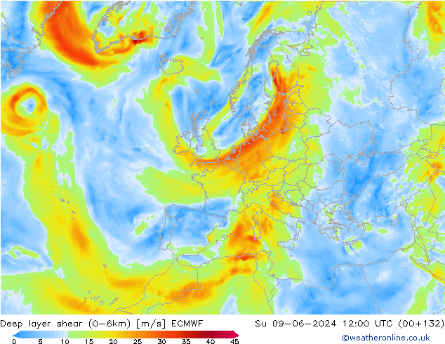 Deep layer shear (0-6km) ECMWF zo 09.06.2024 12 UTC