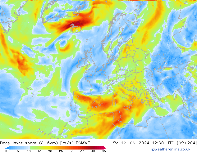 Deep layer shear (0-6km) ECMWF mer 12.06.2024 12 UTC