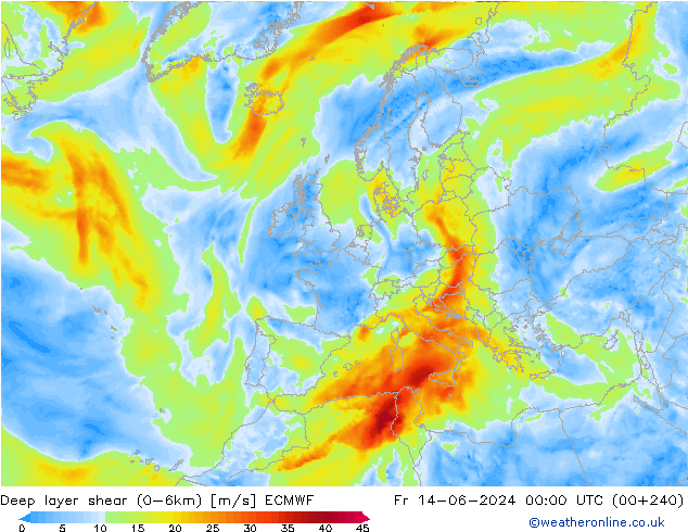 Deep layer shear (0-6km) ECMWF  14.06.2024 00 UTC