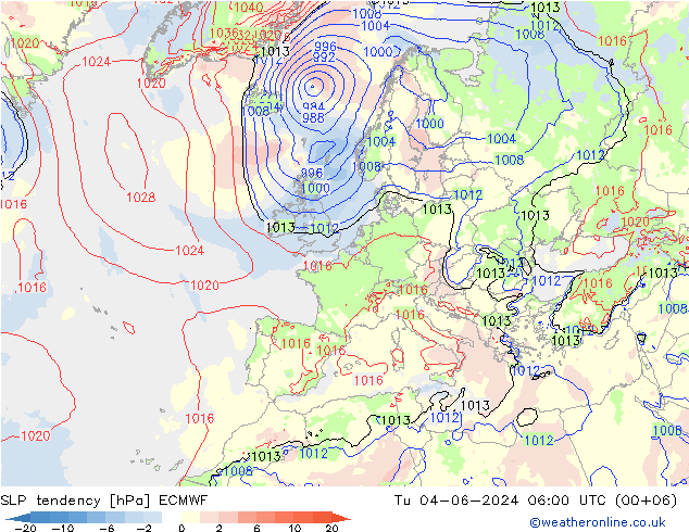 Tendance de pression  ECMWF mar 04.06.2024 06 UTC