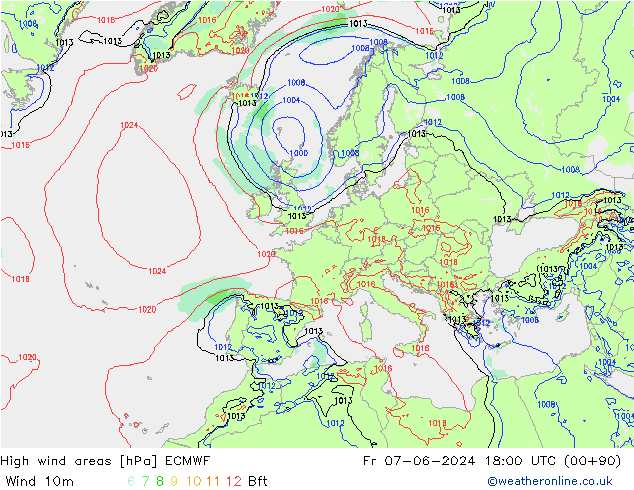 High wind areas ECMWF Fr 07.06.2024 18 UTC