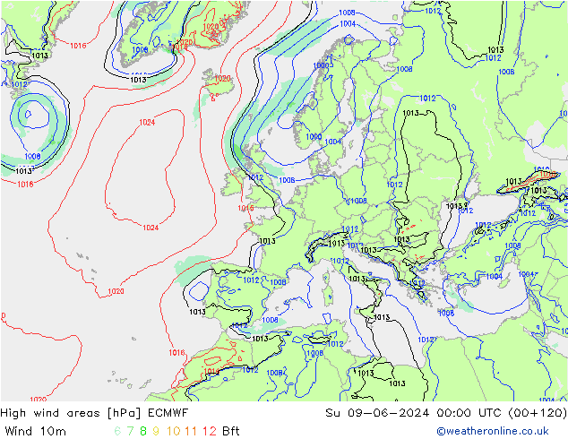 High wind areas ECMWF  09.06.2024 00 UTC