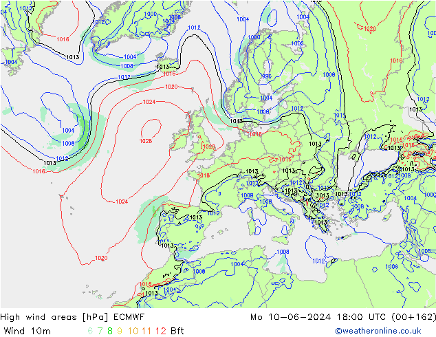 High wind areas ECMWF Po 10.06.2024 18 UTC