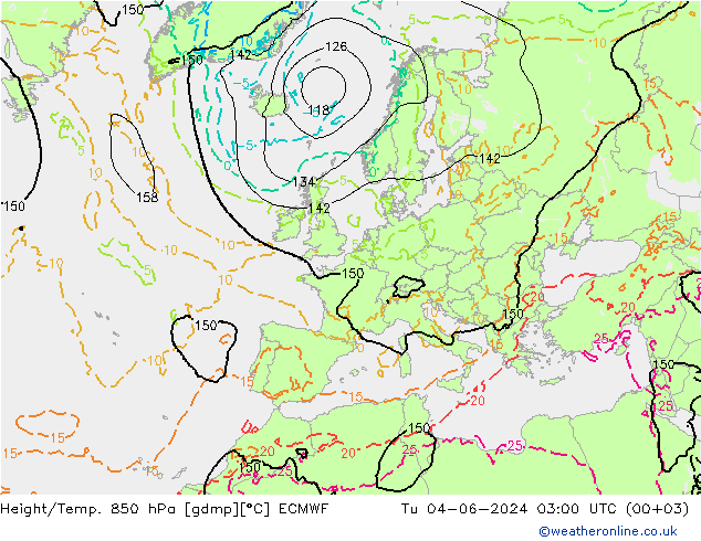 Height/Temp. 850 hPa ECMWF Út 04.06.2024 03 UTC