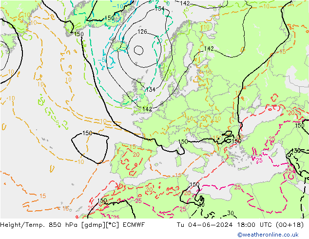 Height/Temp. 850 hPa ECMWF Tu 04.06.2024 18 UTC