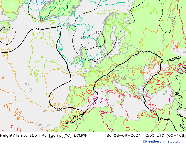 Z500/Rain (+SLP)/Z850 ECMWF Sa 08.06.2024 12 UTC