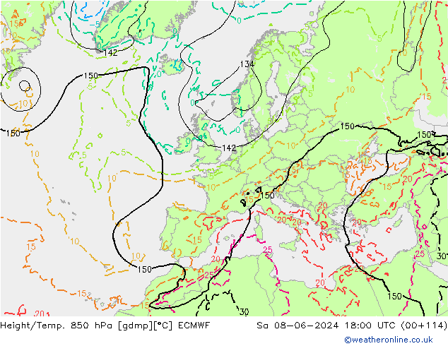 Height/Temp. 850 hPa ECMWF So 08.06.2024 18 UTC