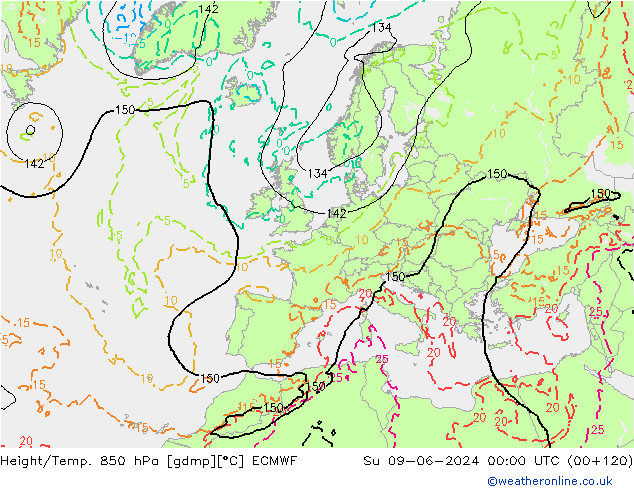 Z500/Yağmur (+YB)/Z850 ECMWF Paz 09.06.2024 00 UTC