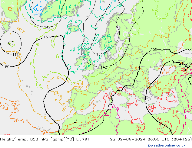 Yükseklik/Sıc. 850 hPa ECMWF Paz 09.06.2024 06 UTC