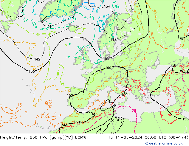 Z500/Yağmur (+YB)/Z850 ECMWF Sa 11.06.2024 06 UTC