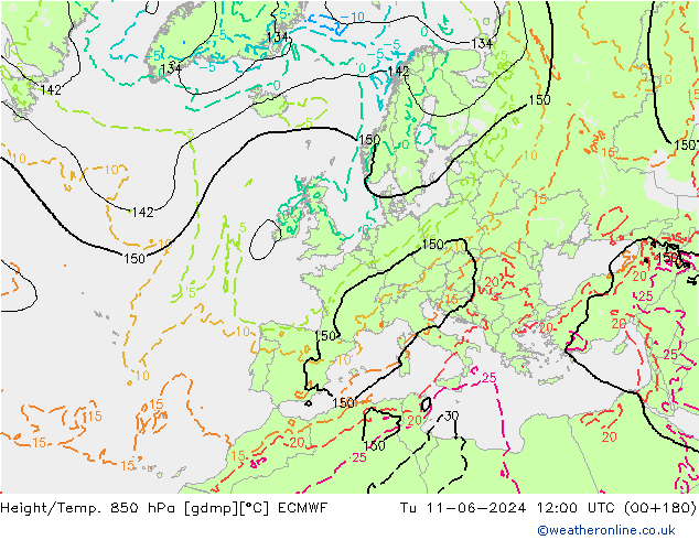 Z500/Rain (+SLP)/Z850 ECMWF Tu 11.06.2024 12 UTC