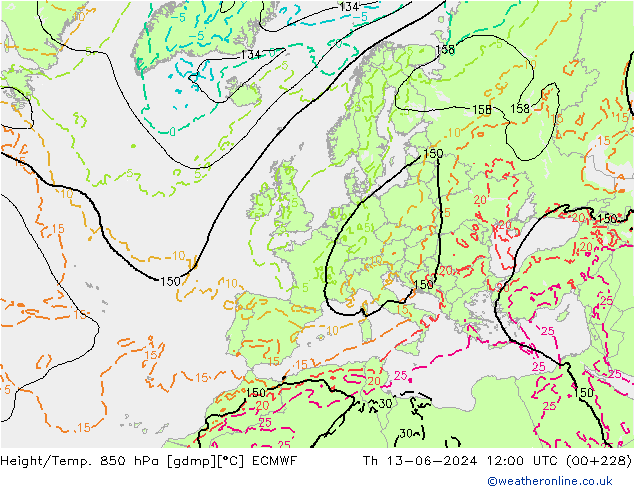 Z500/Rain (+SLP)/Z850 ECMWF Th 13.06.2024 12 UTC