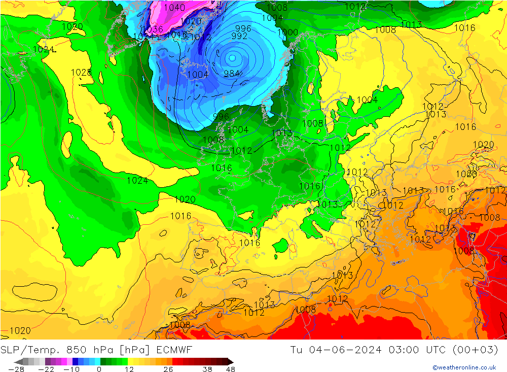 SLP/Temp. 850 hPa ECMWF Tu 04.06.2024 03 UTC