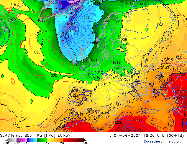 SLP/Temp. 850 гПа ECMWF вт 04.06.2024 18 UTC